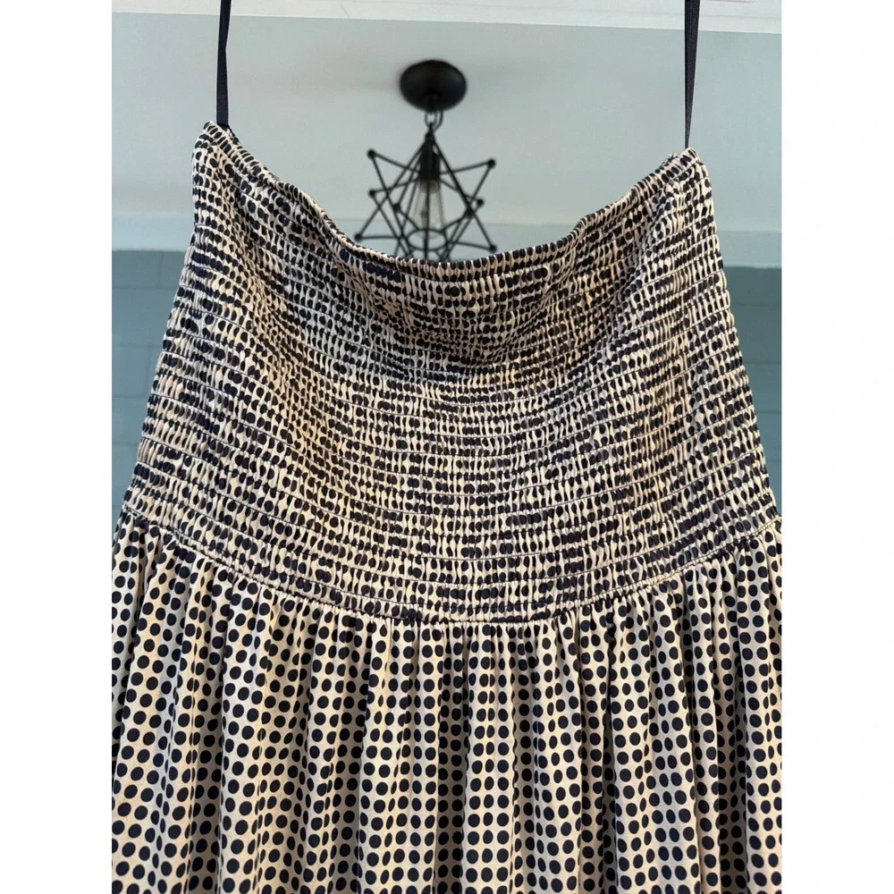 Tory Burch Silk Cotton Polka Dot Smocked Strapless Maxi Dress Navy Cream XL